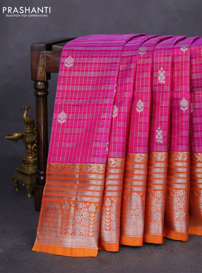 Venkatagiri silk saree magenta pink and mustard yellow with allover silver zari checks & buttas and long silver zari woven border