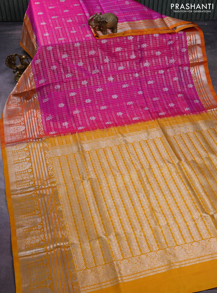 Venkatagiri silk saree magenta pink and mustard yellow with allover silver zari checks & buttas and long silver zari woven border