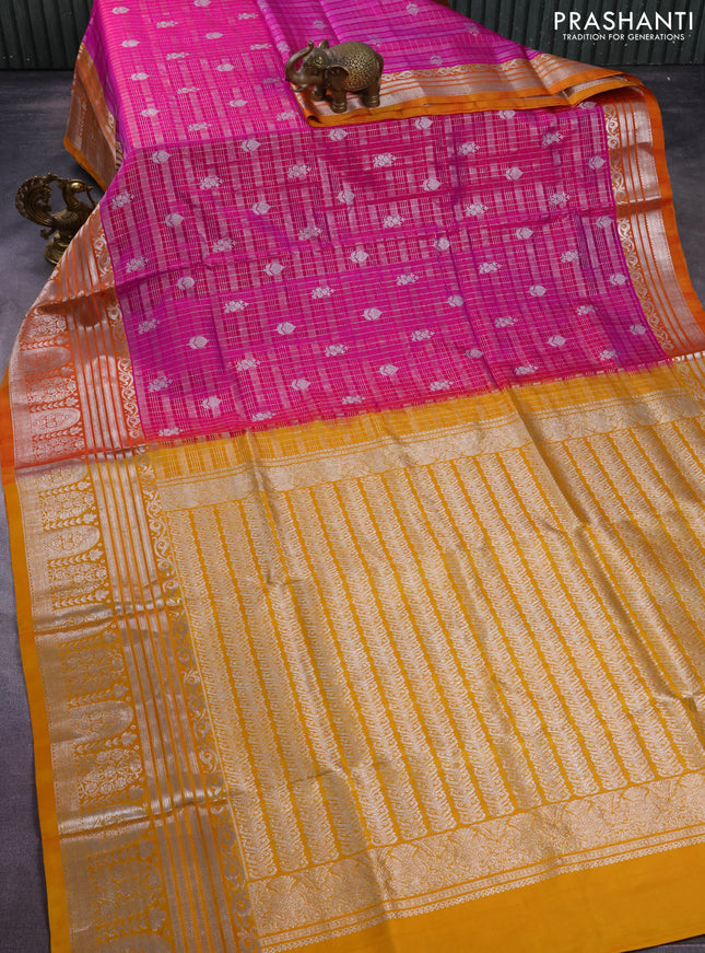 Venkatagiri silk saree magenta pink and mustard yellow with allover silver zari checks & buttas and long silver zari woven border