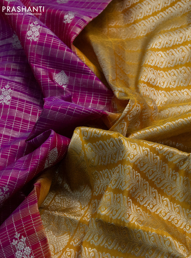 Venkatagiri silk saree magenta pink and mustard yellow with allover silver zari checks & buttas and long silver zari woven border