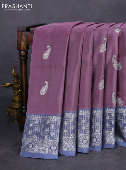 Venkatagiri silk saree pastel pink and grey with silver zari woven paisley buttas and silver zari woven border