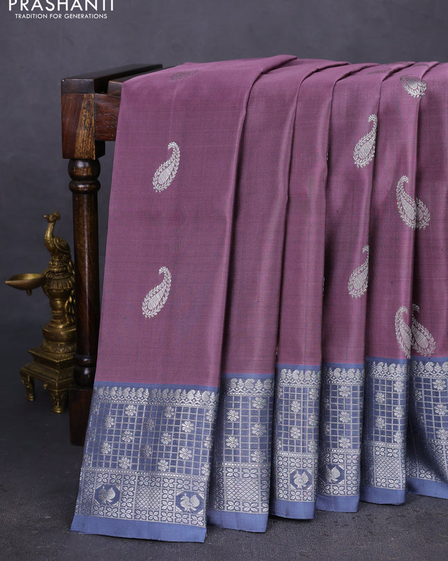 Venkatagiri silk saree pastel pink and grey with silver zari woven paisley buttas and silver zari woven border