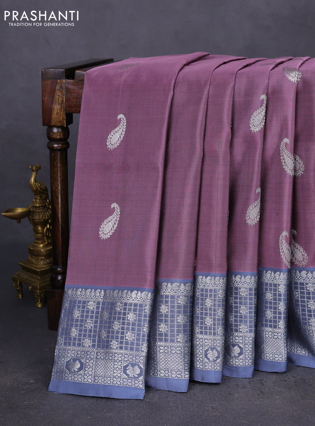 Venkatagiri silk saree pastel pink and grey with silver zari woven paisley buttas and silver zari woven border