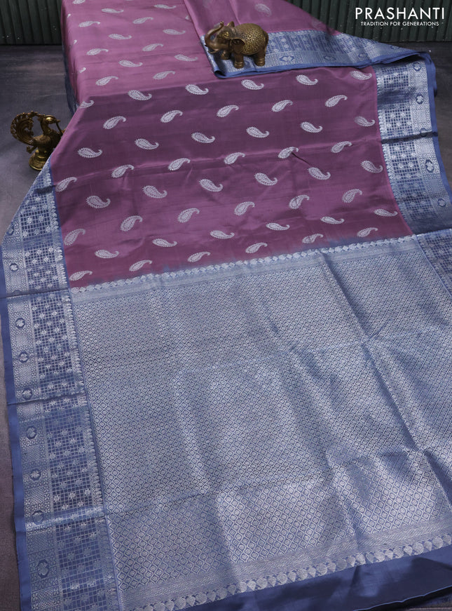 Venkatagiri silk saree pastel pink and grey with silver zari woven paisley buttas and silver zari woven border