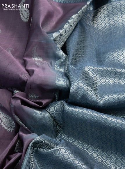 Venkatagiri silk saree pastel pink and grey with silver zari woven paisley buttas and silver zari woven border