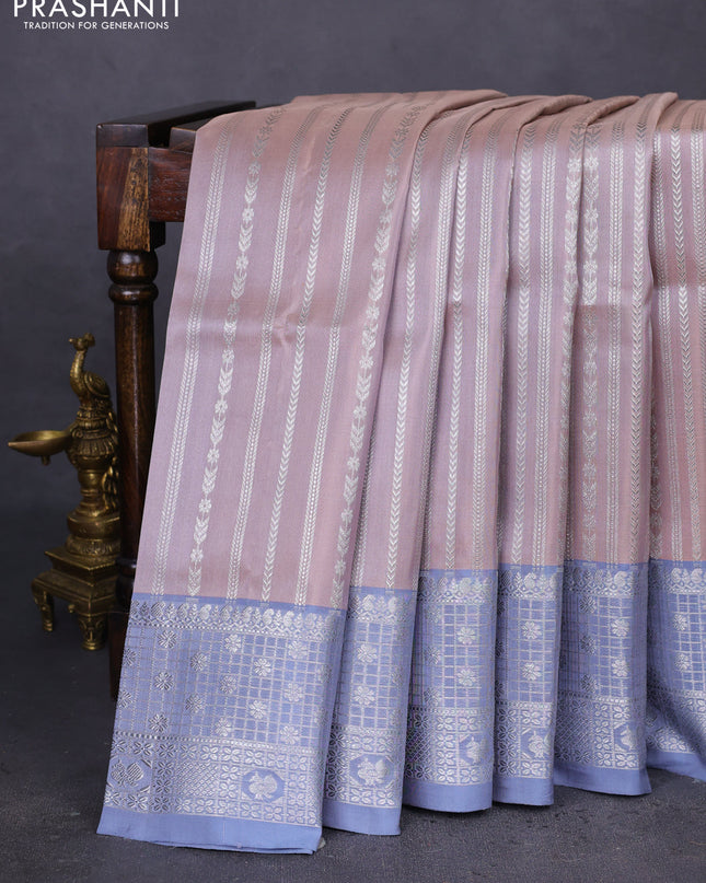 Venkatagiri silk saree beige and grey with allover silver zari weaves and silver zari woven border