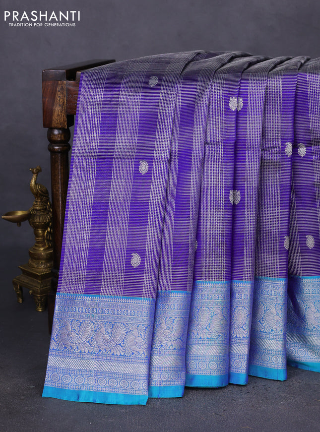 Venkatagiri silk saree blue and dual shade of teal green with allover silver zari woven brocade weaves and rich annam zari woven border