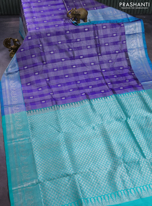 Venkatagiri silk saree blue and dual shade of teal green with allover silver zari woven brocade weaves and rich annam zari woven border