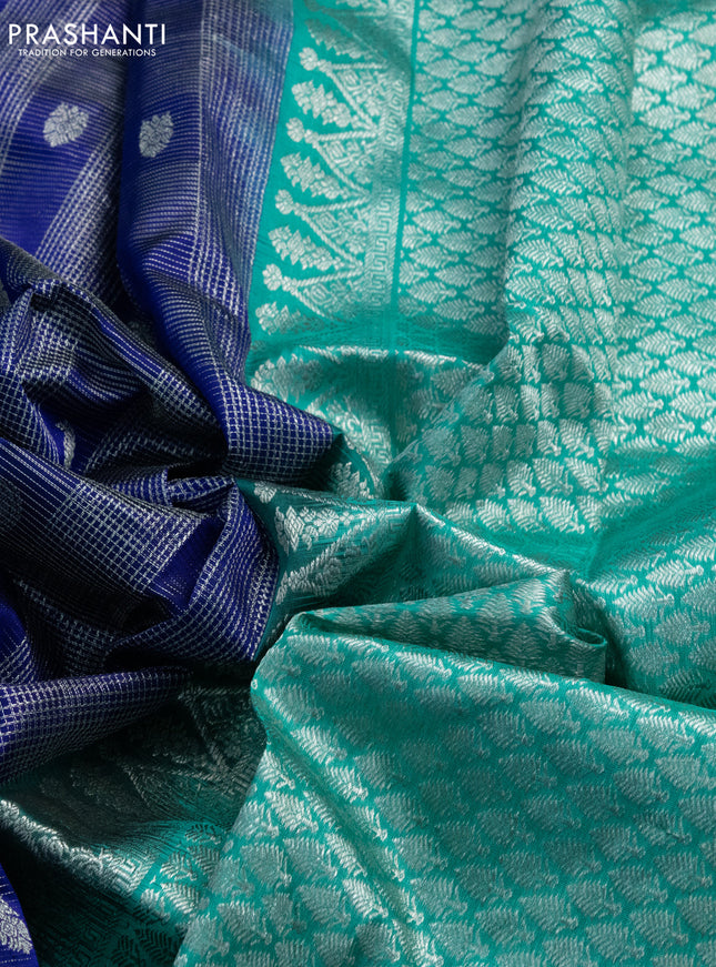 Venkatagiri silk saree blue and dual shade of teal green with allover silver zari woven brocade weaves and rich annam zari woven border
