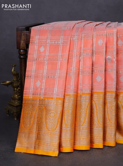 Venkatagiri silk saree orange shade and yellow with allover silver zari checks & buttas and long silver zari woven border