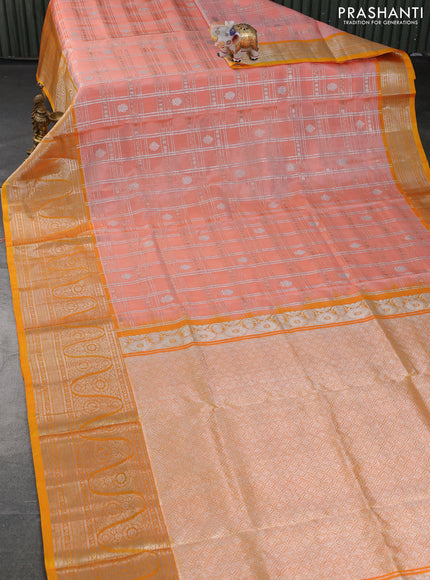 Venkatagiri silk saree orange shade and yellow with allover silver zari checks & buttas and long silver zari woven border