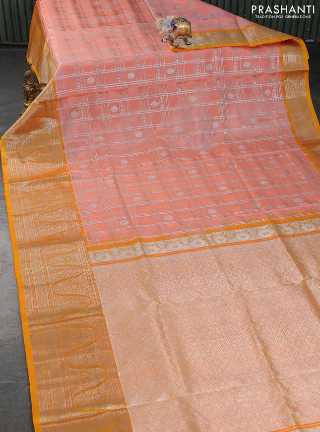 Venkatagiri silk saree orange shade and yellow with allover silver zari checks & buttas and long silver zari woven border