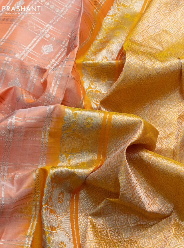 Venkatagiri silk saree orange shade and yellow with allover silver zari checks & buttas and long silver zari woven border