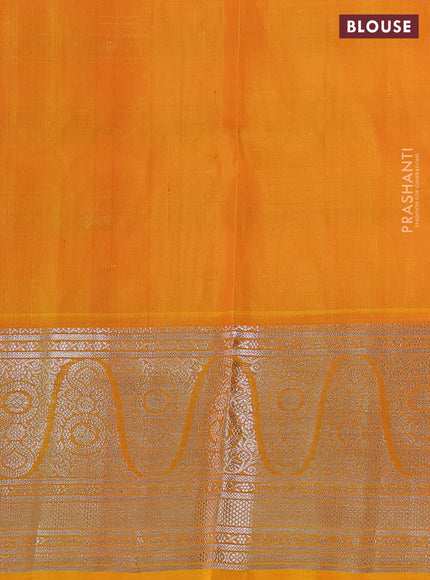 Venkatagiri silk saree orange shade and yellow with allover silver zari checks & buttas and long silver zari woven border