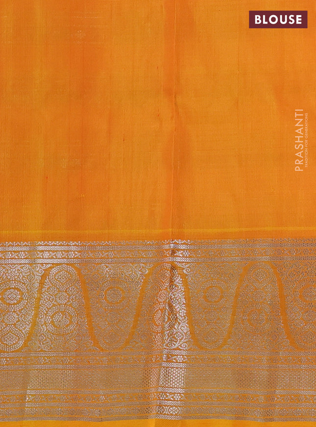 Venkatagiri silk saree orange shade and yellow with allover silver zari checks & buttas and long silver zari woven border