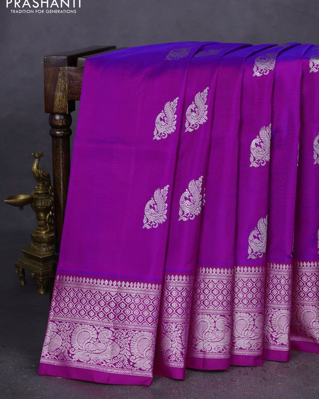 Venkatagiri silk saree purple and pink with silver zari woven peacock buttas and silver zari woven border