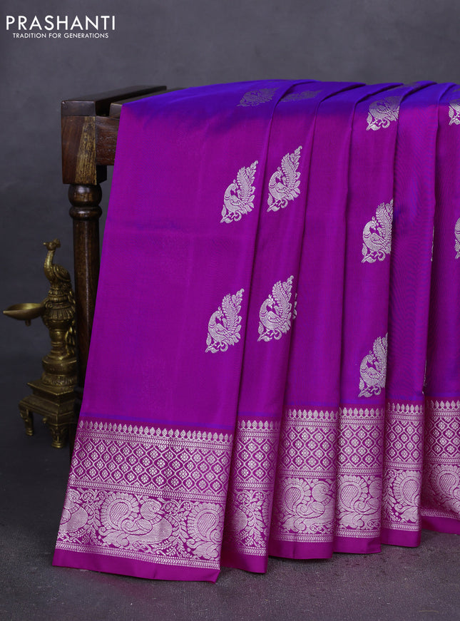 Venkatagiri silk saree purple and pink with silver zari woven peacock buttas and silver zari woven border