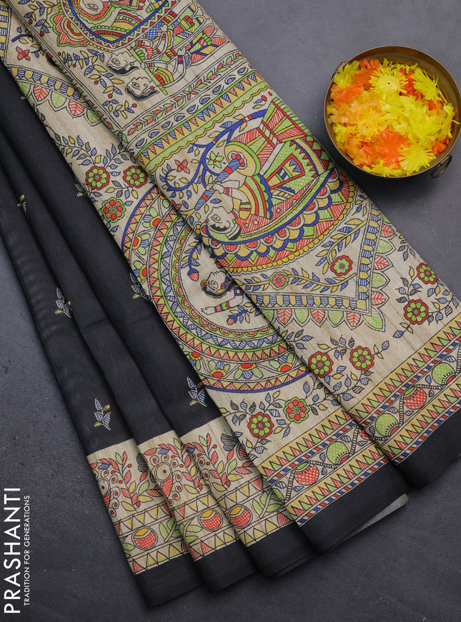 Semi tussar saree black and beige with butta prints and madhubani printed pallu