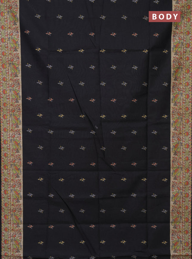 Semi tussar saree black and beige with butta prints and madhubani printed pallu