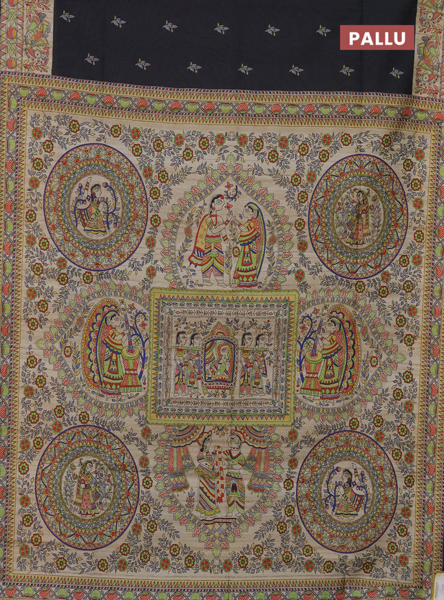 Semi tussar saree black and beige with butta prints and madhubani printed pallu