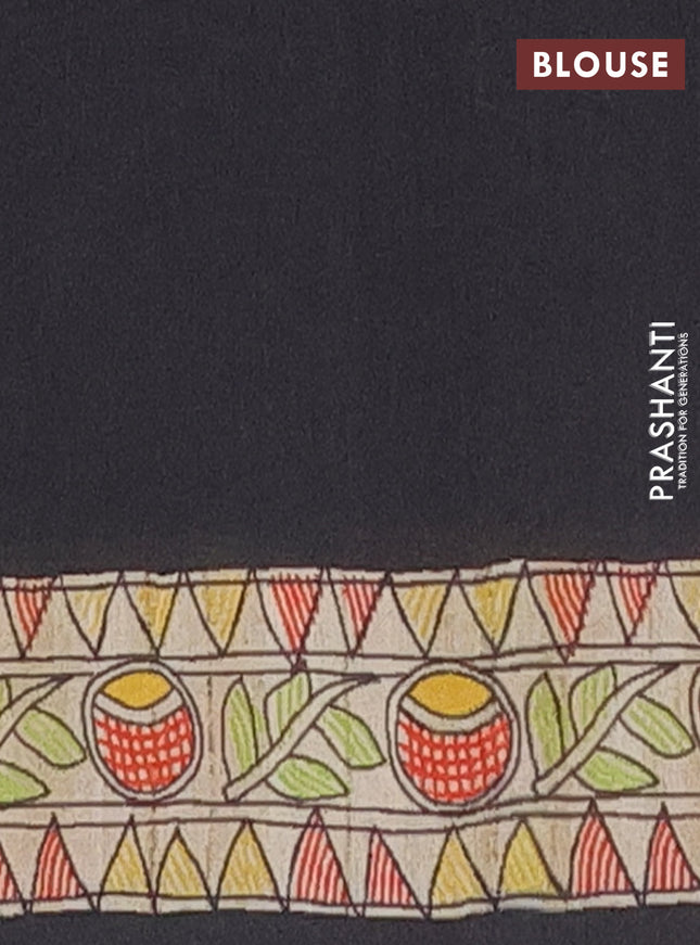 Semi tussar saree black and beige with butta prints and madhubani printed pallu