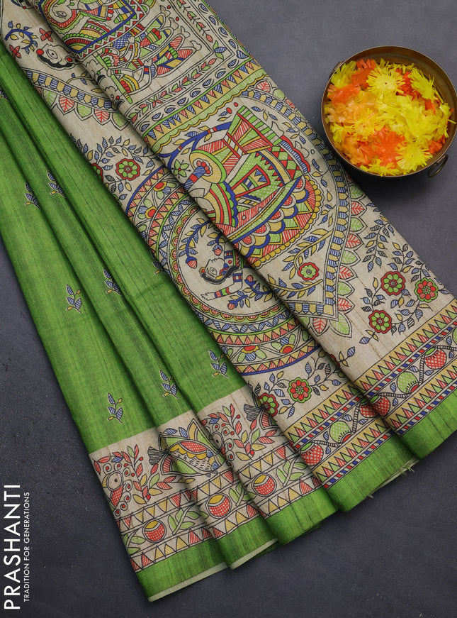 Semi tussar saree green and beige with butta prints and madhubani printed pallu