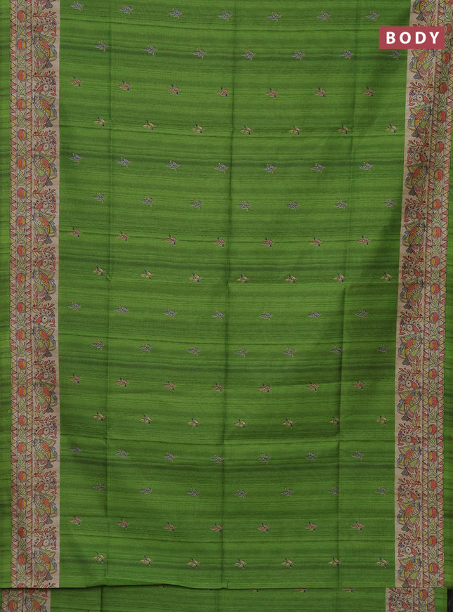 Semi tussar saree green and beige with butta prints and madhubani printed pallu