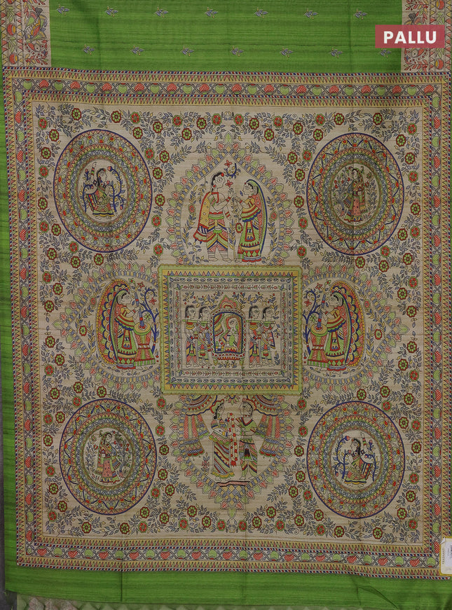 Semi tussar saree green and beige with butta prints and madhubani printed pallu