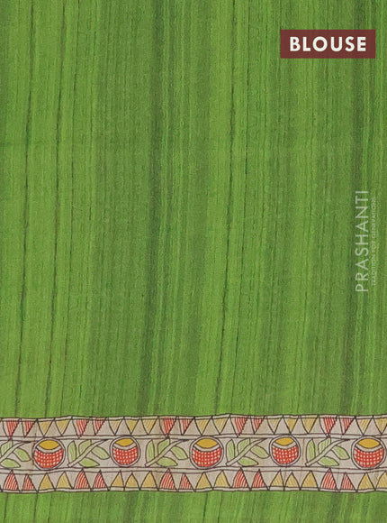 Semi tussar saree green and beige with butta prints and madhubani printed pallu