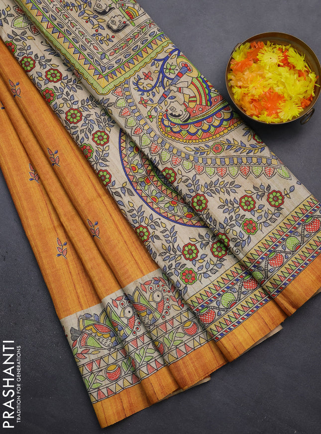 Semi tussar saree mustard yellow and beige with butta prints and madhubani printed pallu