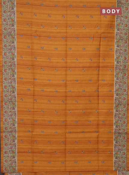 Semi tussar saree mustard yellow and beige with butta prints and madhubani printed pallu