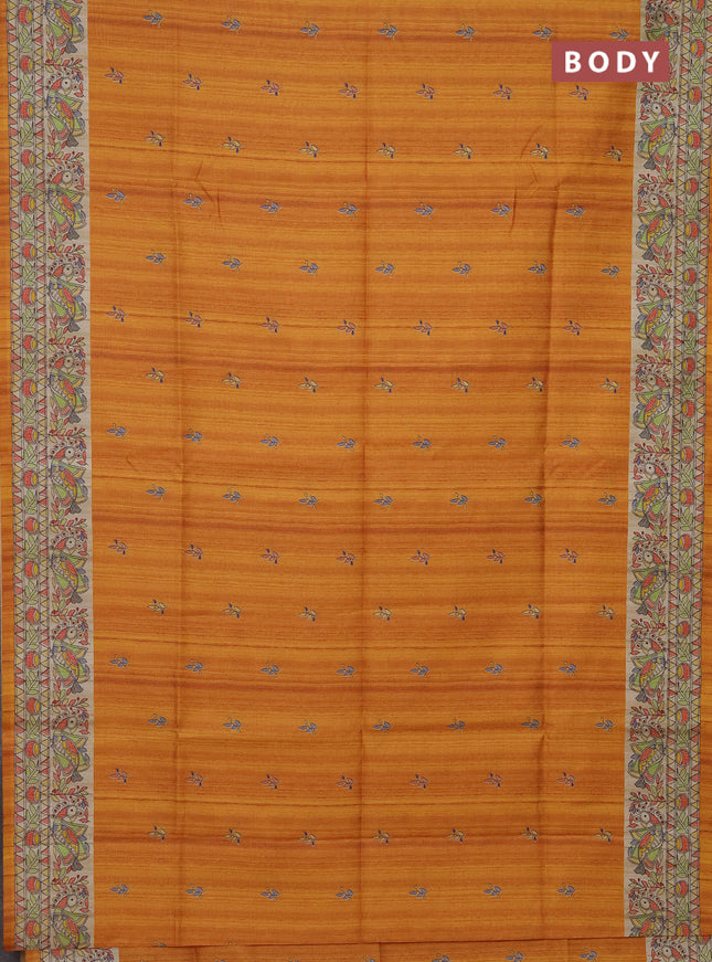 Semi tussar saree mustard yellow and beige with butta prints and madhubani printed pallu