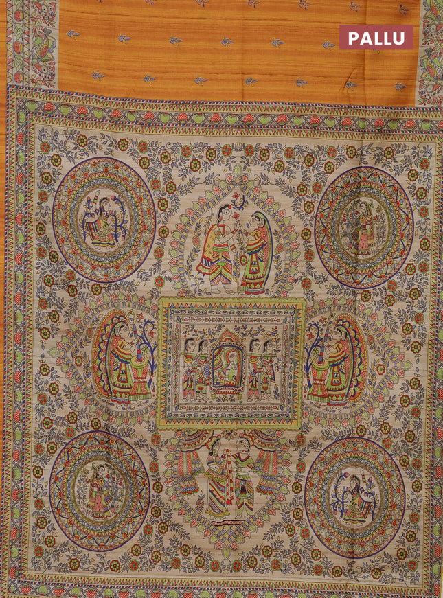 Semi tussar saree mustard yellow and beige with butta prints and madhubani printed pallu