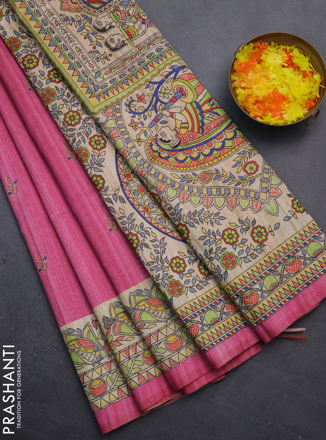 Semi tussar saree pink and beige with butta prints and madhubani printed pallu