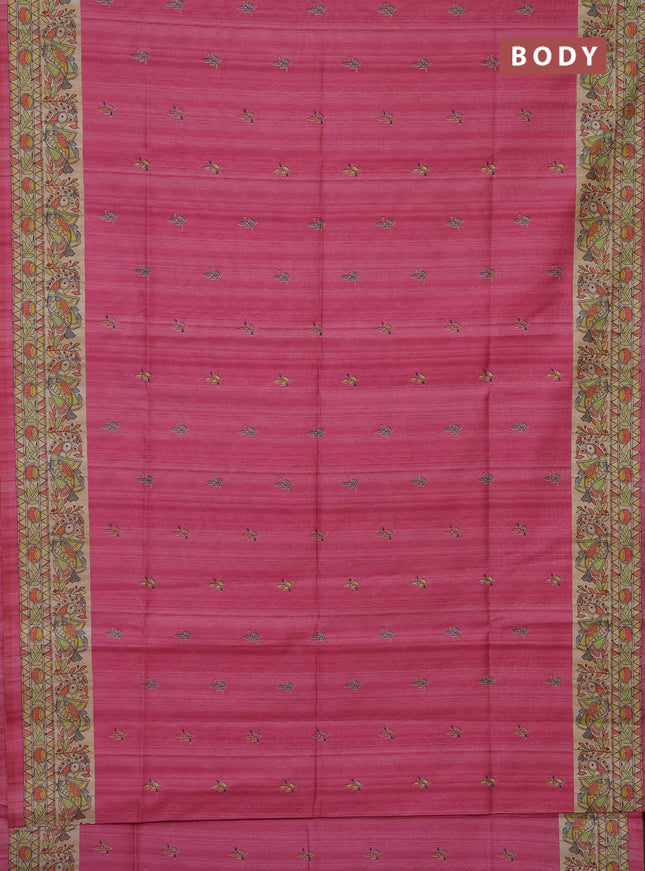 Semi tussar saree pink and beige with butta prints and madhubani printed pallu