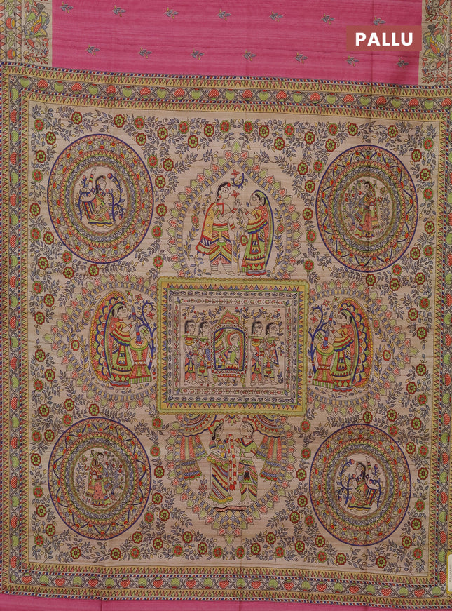 Semi tussar saree pink and beige with butta prints and madhubani printed pallu