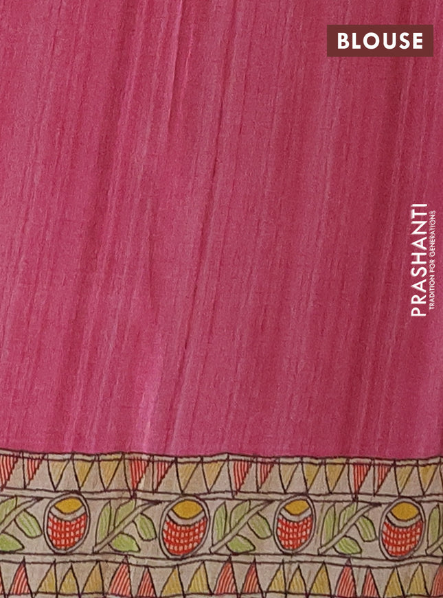 Semi tussar saree pink and beige with butta prints and madhubani printed pallu