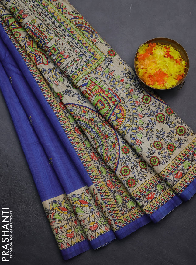 Semi tussar saree blue and beige with butta prints and madhubani printed pallu