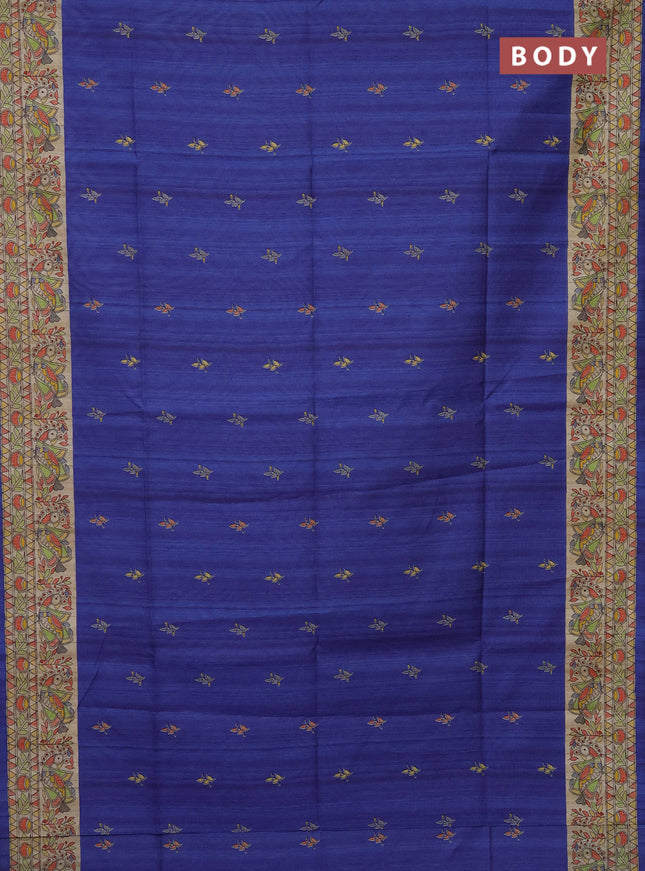 Semi tussar saree blue and beige with butta prints and madhubani printed pallu