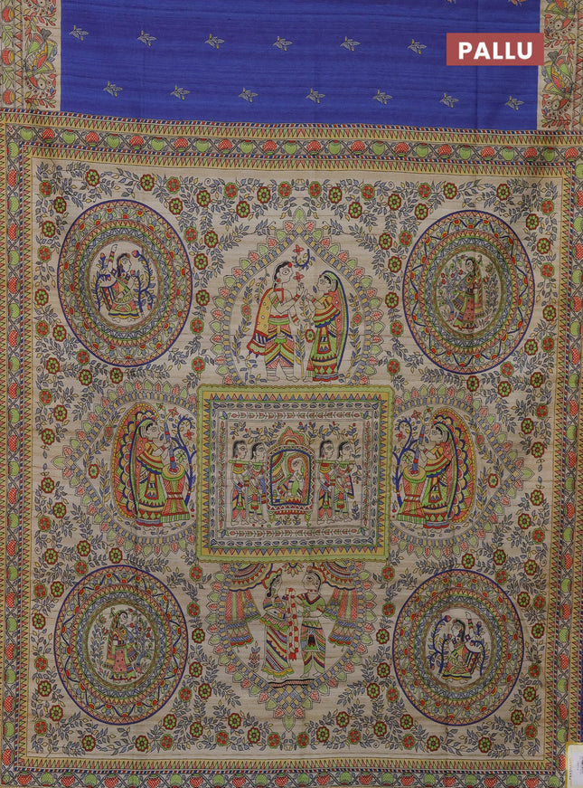 Semi tussar saree blue and beige with butta prints and madhubani printed pallu