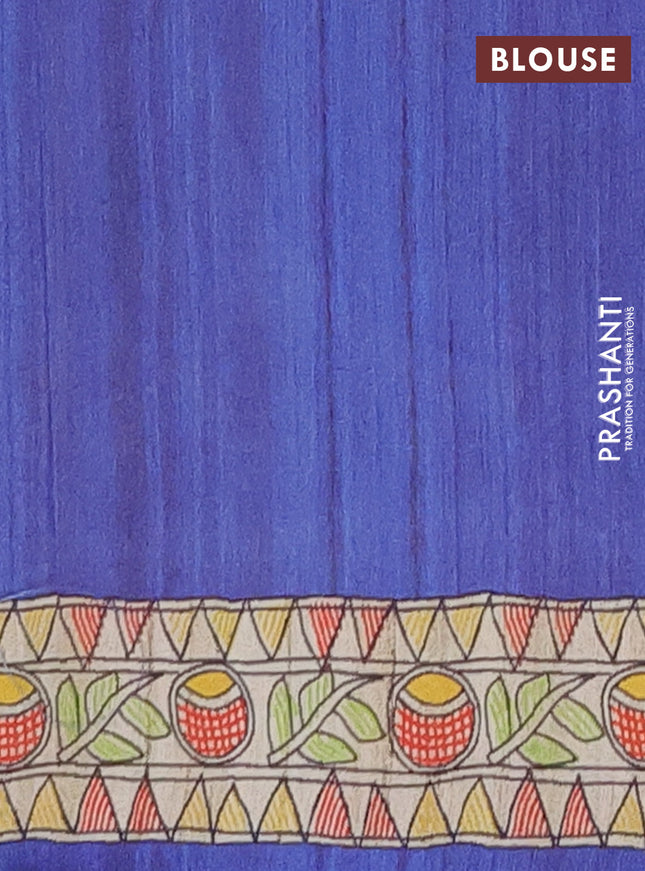 Semi tussar saree blue and beige with butta prints and madhubani printed pallu