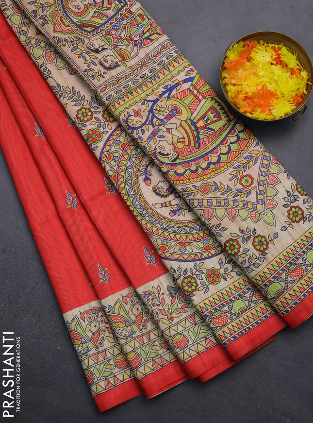 Semi tussar saree red and beige with butta prints and madhubani printed pallu