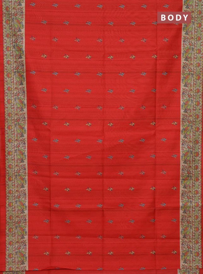 Semi tussar saree red and beige with butta prints and madhubani printed pallu