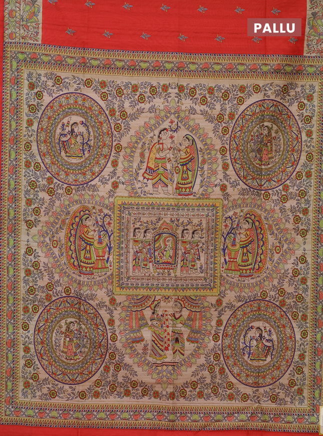 Semi tussar saree red and beige with butta prints and madhubani printed pallu