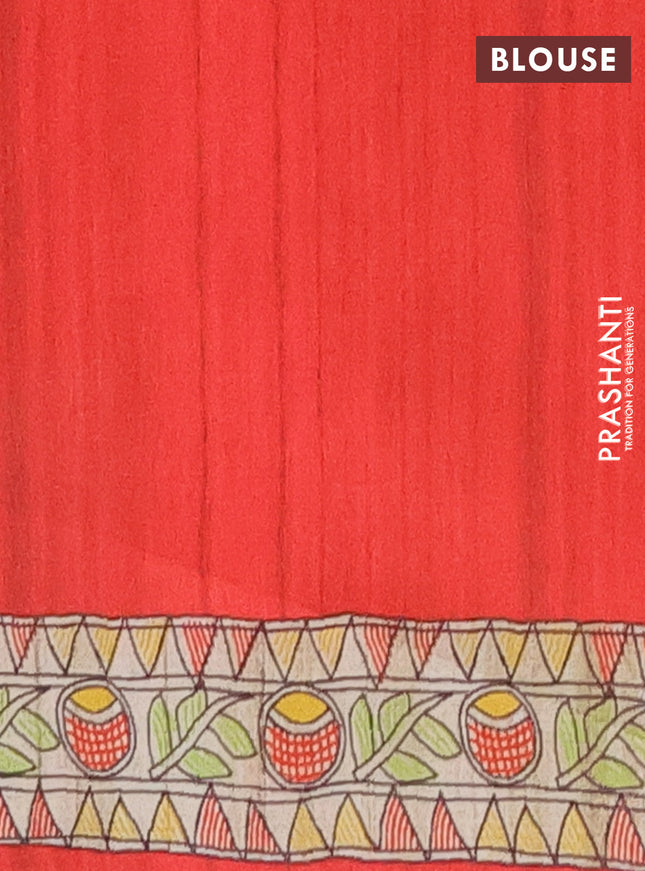 Semi tussar saree red and beige with butta prints and madhubani printed pallu
