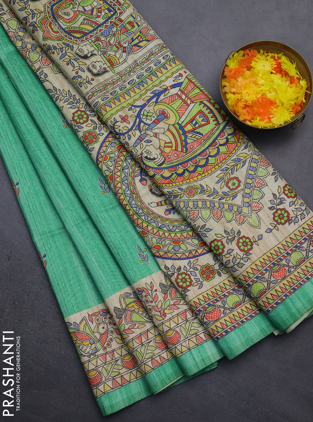 Semi tussar saree green and beige with butta prints and madhubani printed pallu