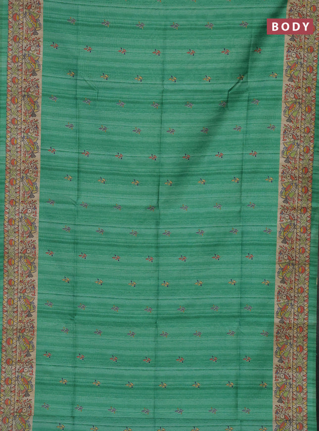 Semi tussar saree green and beige with butta prints and madhubani printed pallu