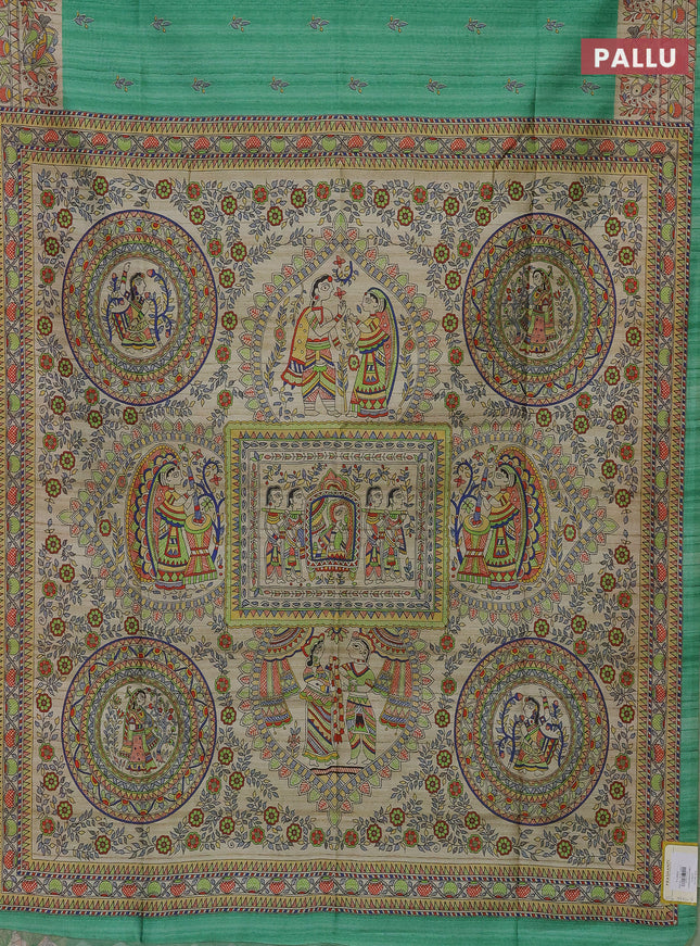 Semi tussar saree green and beige with butta prints and madhubani printed pallu