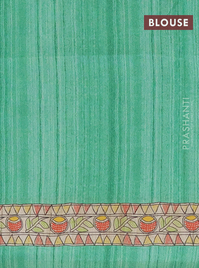 Semi tussar saree green and beige with butta prints and madhubani printed pallu