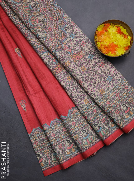Semi tussar saree red and beige with tie & dye prints and madhubani printed pallu